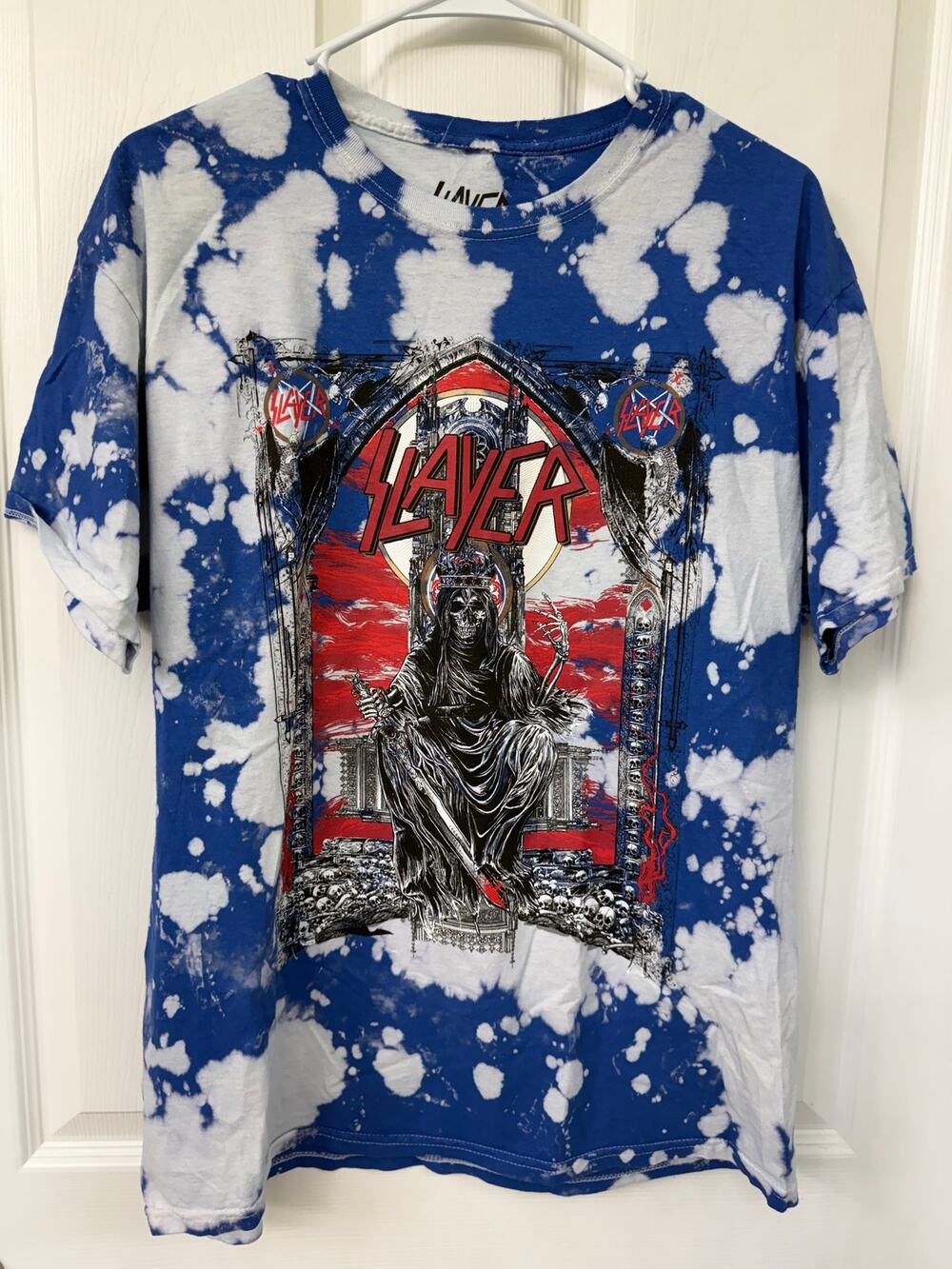 Men’s Medium Slayer Tie dye T Shirt Short Sleeve Blue, White And Red Music Metal